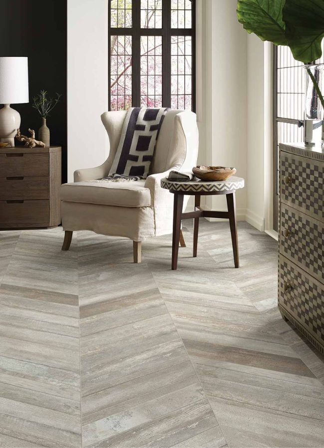 wood look tile floors in a stylish living room