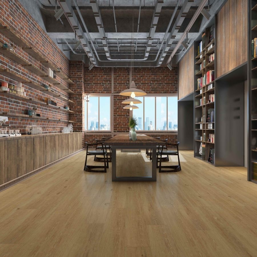 wood look luxury vinyl flooring in dining area with book shelves